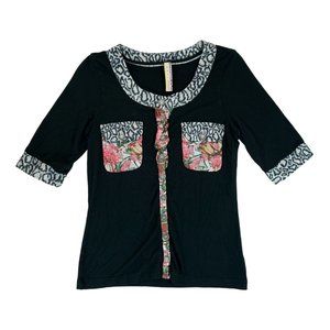 Eva & Claudi Blouse Womens Top Size Small Button Down Two Pockets Leopard Acents